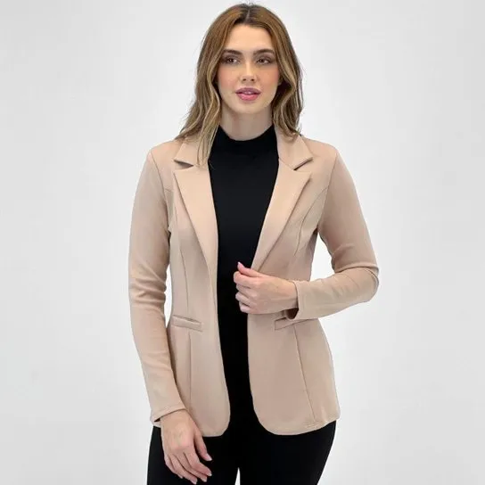 Blazer Simô Aberto Manga Longa Básico Feminino - Bege